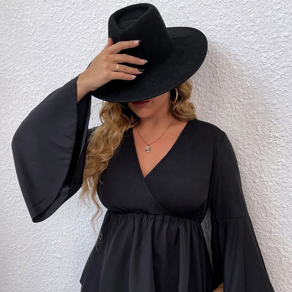 Trumpet Sleeve Overlap Collar Peplum Hem Blouse